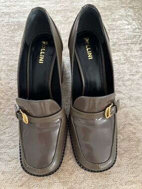 Pollini Olive Patent Leather Loafers with Gold Buckle
